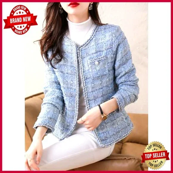 Slim Fit Tweed Blazer Open Front V-Neck Collarless Business Casual Jacket